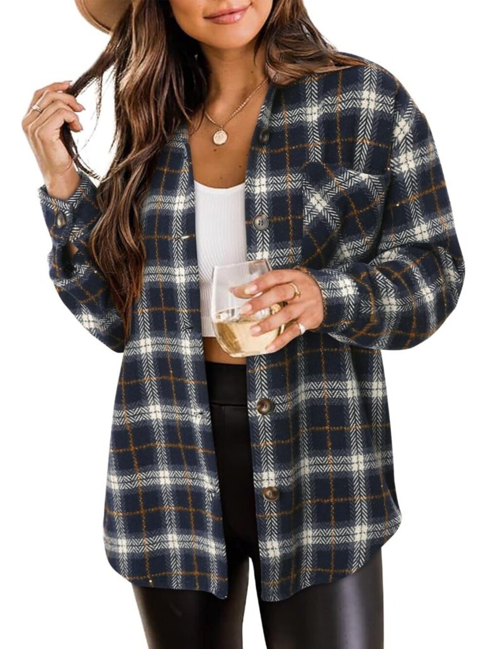 Women's Dark Blue Plaid Flannel Button-Down Long Sleeves Oversized Shacket